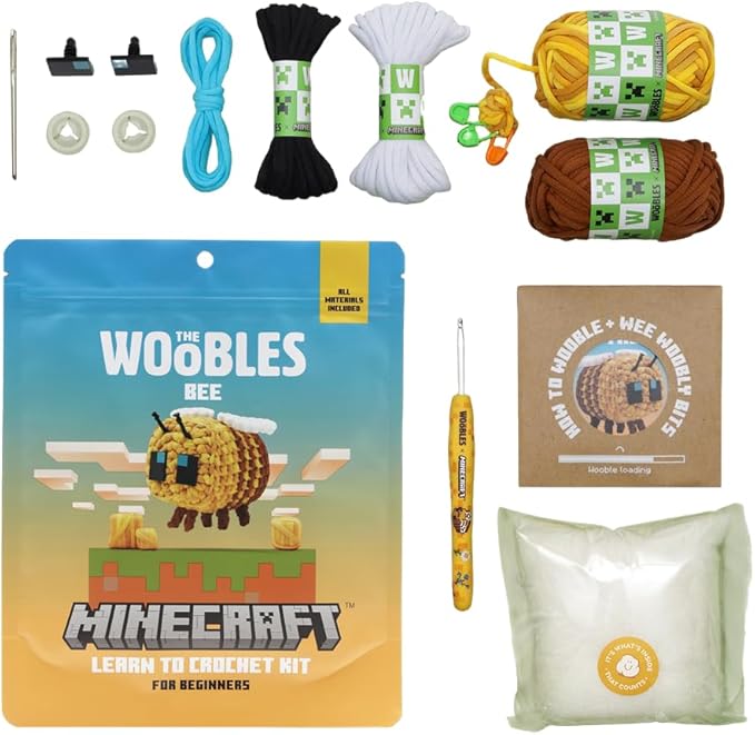 The Woobles Minecraft Crochet Kit – Beginner Crochet Kit for Adults & Kids, Easy Knitting Kit with Woobles Yarn, DIY Crafts, Crochet Animals, Minecraft Toys, Gift for Gamers & Crafters (Bee)