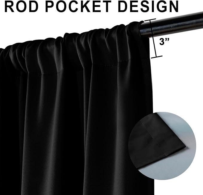 XWZO 100% Blackout Curtains 45 Inches Length with Tiebacks- Rod Pocket Full Shade Window Drapes Thermal Insulated Double Layer with Black Liner for Bedroom/Living Room, Black, W52 x L45, Set of 2