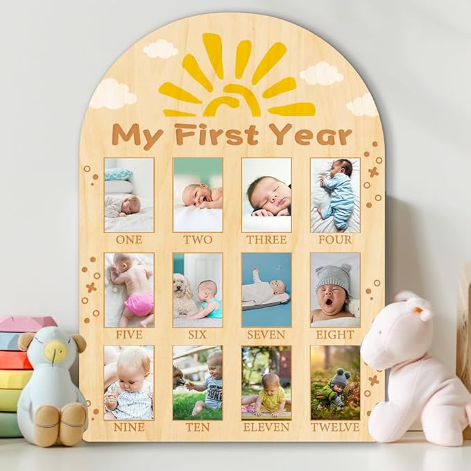 ORIGACH My First Year Baby Growth Photo Display Wood Board - 12 Months Newborn Milestones Photo Board - Neutral Baby Keepsake Frame 1st Birthday Party Nursery Decor New Mom Gift - Sun & Cloud
