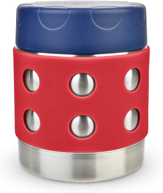LunchBots Thermal 8 oz Triple Insulated Thermos - Hot 6 Hours or Cold 12 Hours - Leak Proof Thermos Soup Jar - All Stainless Interior - Navy Lid - Red Dots