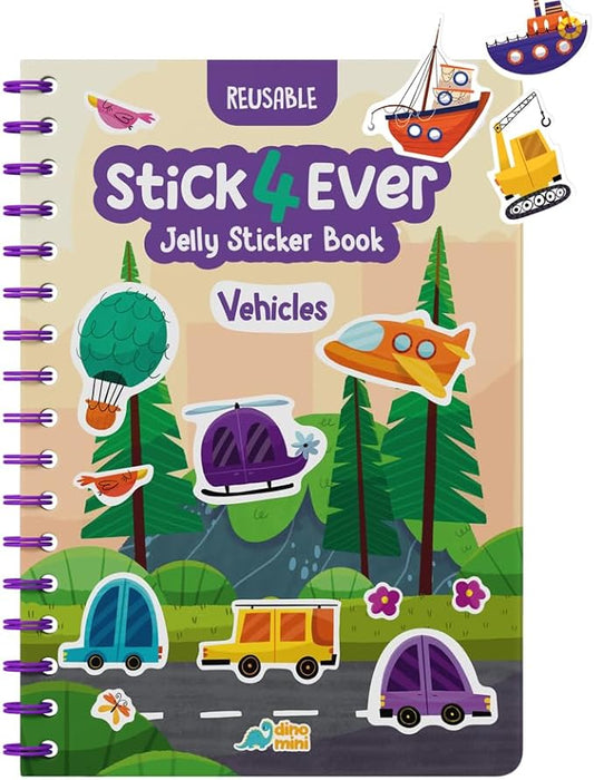 Stick4Ever Jelly Sticker Book - for Kids - Waterproof, Easy to Clean Jelly Stickers for Kids - Reusable Sticker Book for Toddlers with 50 Pcs of Reusable Stickers (Vehicles)