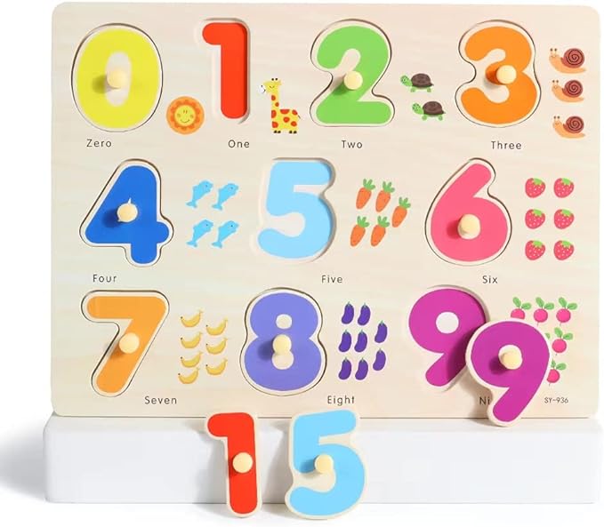 GRINNNIE Wooden Montessori Toddler Puzzles for 1 2 3 4 Years Old, 3 Pcs (Number, Letter, Shape) Kids Preschool Educational Peg Puzzle Set