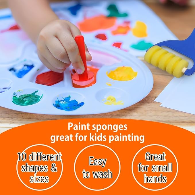 Kids Painting Set, Washable Paint for Kids 8 Colors with 10 Paint Sponges, Non Toxic Tempera Paints 2 oz Each, Paints for Toddlers Art, Craft, School and Home Finger Painting Projects