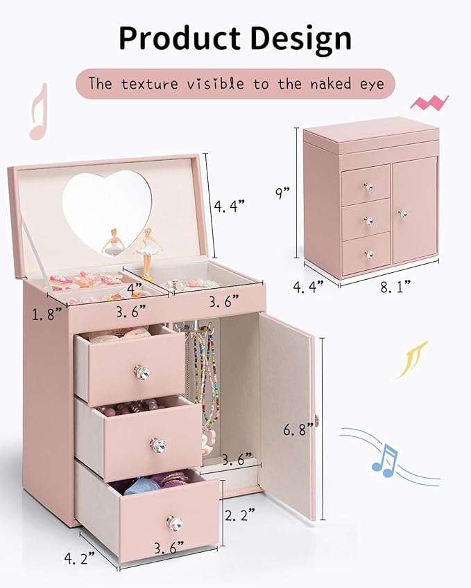Vlando Musical Jewelry Box for Girls, Large Kid Music Box with Ballerina for Birthday Bedroom Decor, 4 Layer Girl Jewelry Gifts for Girls Kids - Pink