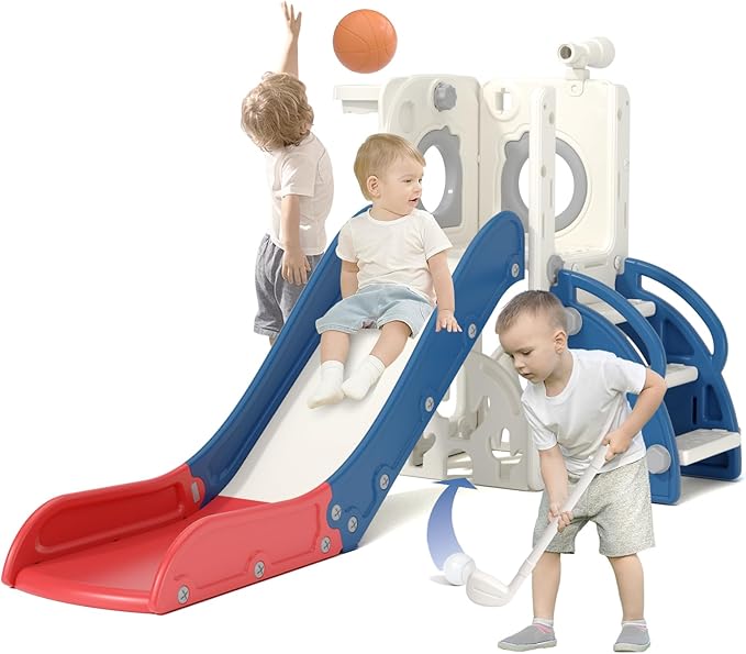 KORIMEFA 7 in 1 Toddler Slide, Kids Slide for Toddlers Baby 1-3 Years Old, Indoor and Outdoor with Basketball Hoop & Golf Set, Plastic Slides for Kids Easy Assembly, Blue