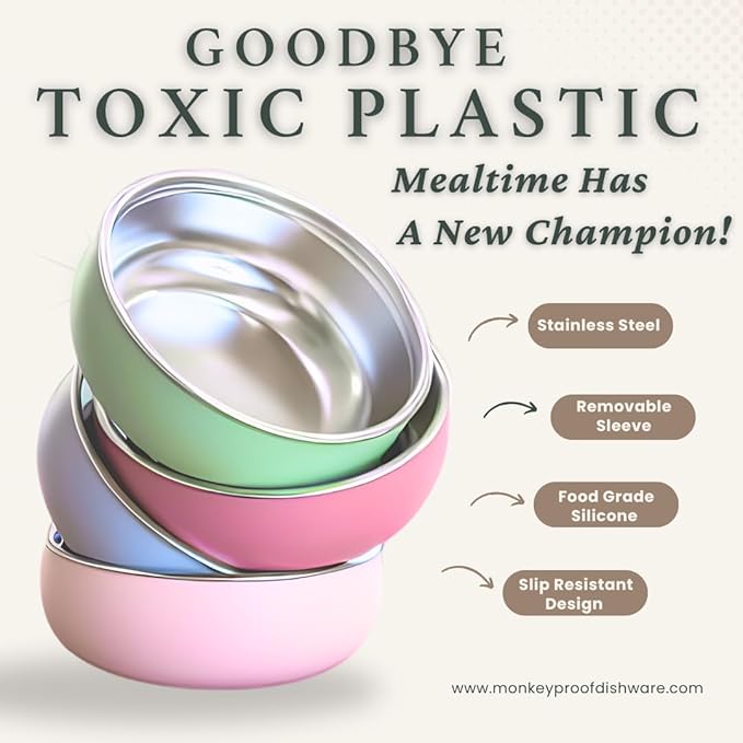 Monkey Proof™ Non-Toxic Stainless Steel Child Bowl 5” with Non-Slip Silicone Shell, (Set of 4 bowls) Unbreakable, Mess Free Feeding for Babies, Toddlers, Kids, BPA free (Rose)