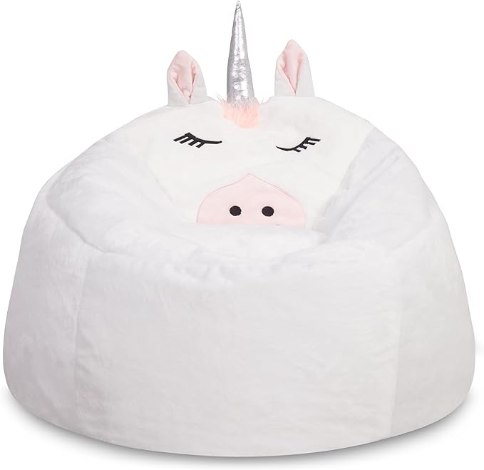 Posh Creations Cute Soft and Comfy Bean Bag Chair for Kids, Large, Animal - White Unicorn