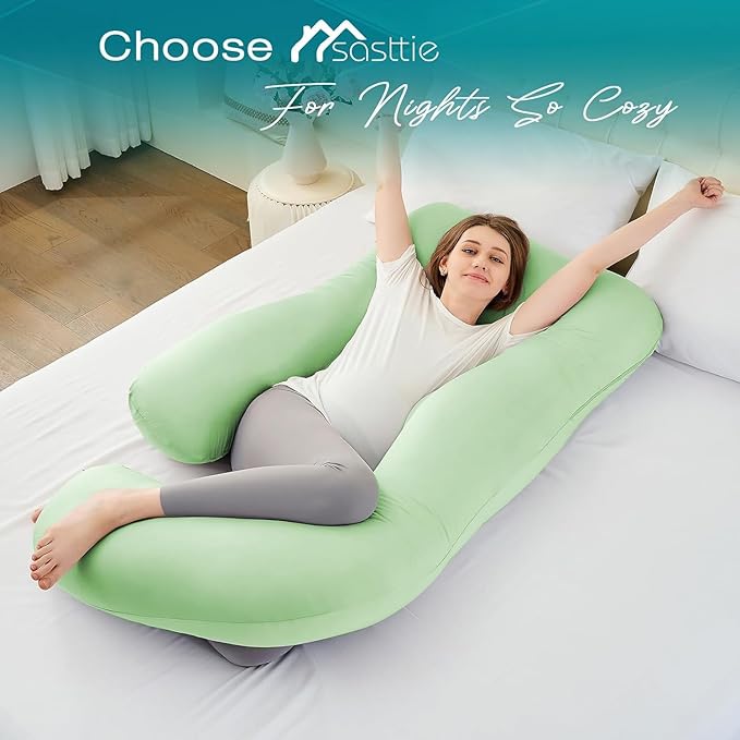 Sasttie Pregnancy Pillows for Sleeping, Jumbo U Shaped Cooling Full Body Pillow with Removable Cover, Pregnant Women Must Haves, Maternity Essential, Light Green