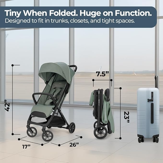 Inglesina Quid³ Stroller, Planet Green - Compact Reclining Travel Stroller for Baby & Toddler 0-55 lbs, One Hand fold, Car seat Compatible, Airplane Overhead, Lightweight, Foldable, XL UPF 50+ Canopy