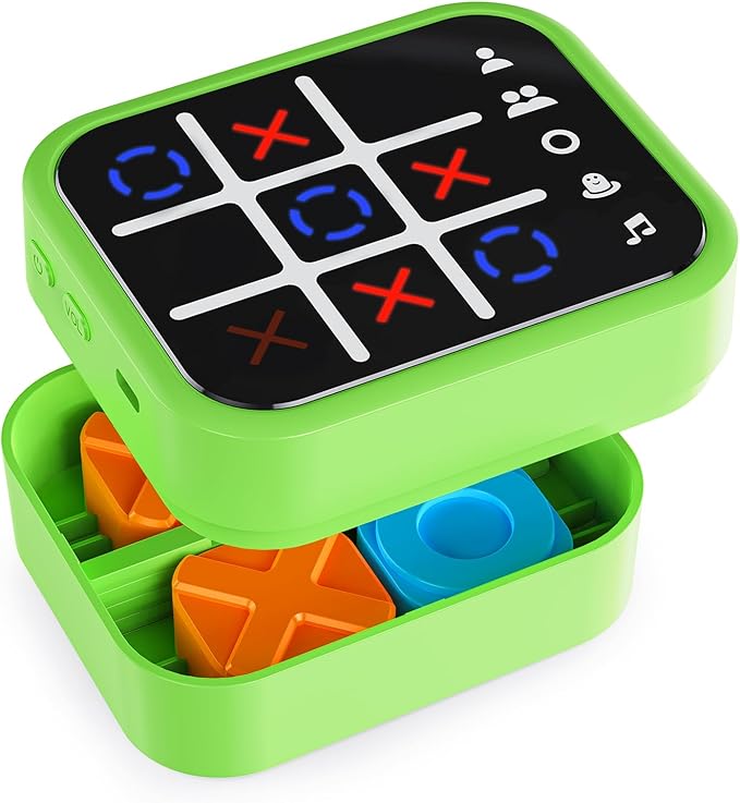 Rechargeable Tic Tac Toe Game Box with 5 Fun Brain Memory Games, Electronic Touchscreen Handheld Game, Portable Digital Puzzle Board Travel Toy, Gifts Choice for Kids and Adults (Green)