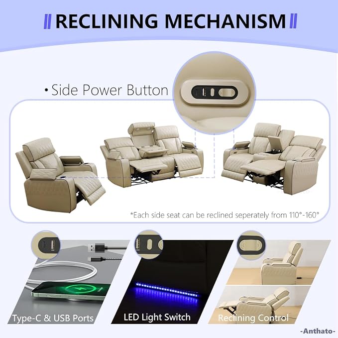 Power Recliner Sofa Set, Leather Reclining Couch & Chair Set, Living Room - Image 4
