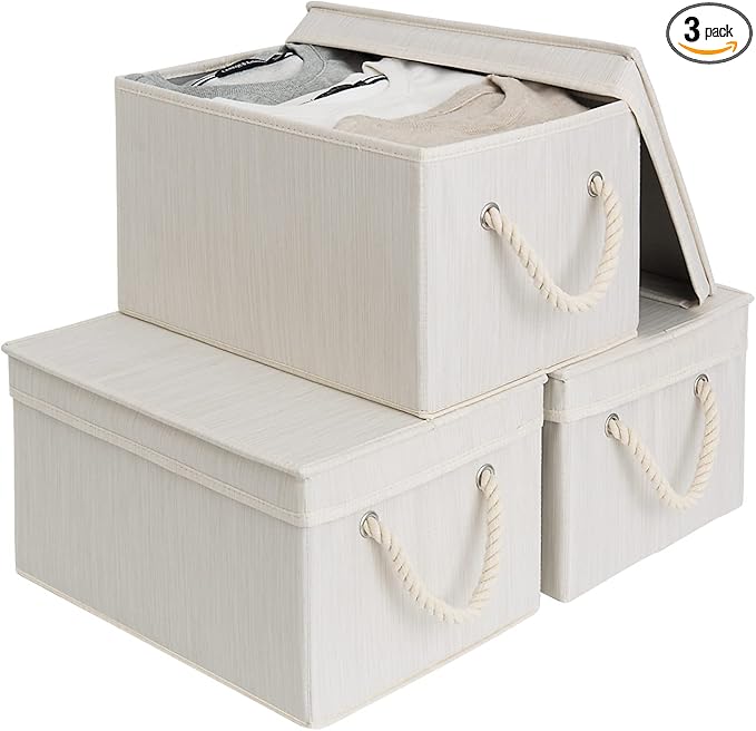 StorageWorks Large Storage Bins with Lids, Decorative Storage Boxes with Lid and Soft Rope Handles, Foldable Storage Baskets for Closet, Shelves, Stackable, Ivory and White, 3-Pack