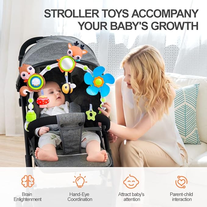 Koty Baby Stroller Arch Toy with Teether, Rattle, Crinkle Sound, Mirror & Music Box, Newborns Sensory Activity Carrier Take-Along Toy, Adjustable for Bouncers, Car Seat & Pram 0M+(Deer)