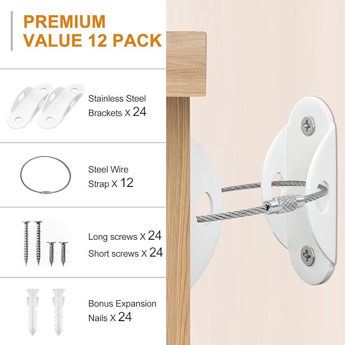Furniture Anchors (12 Pack) for Baby Proofing, Anti Tip Furniture Anchor Securing 420lbs Tension Earthquake Resistant Metal Furniture Wall Anchor Prevent Baby Pet from Falling Furniture
