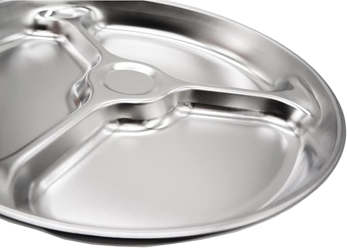 Korean Stainless Steel Divided Round Plates, Little Kids Toddlers Babies Tray, BPA Free, Diet Control, Camping Dishes, 8 Inch Compact Serving Platter, 3 Compartment Plate, Set of 2
