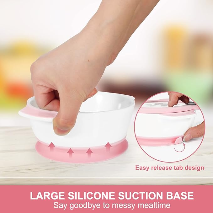 MR. CHOU Suction Baby Bowls with Leakproof Tempered Glass Lids for Babies & Toddlers, Ceramic First Stage Infant Feeding Supplies with Handles, 100% Food Grade Snack Cotainer for Kids, Pink
