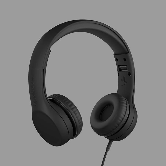 LilGadgets Connect+ Wired Kids Headphones for School with Mic, Volume Limited & Noise Reduction, On-Ear Headset with Cord, SharePort Technology for Multiple Kids & SoftTouch Padding, Black