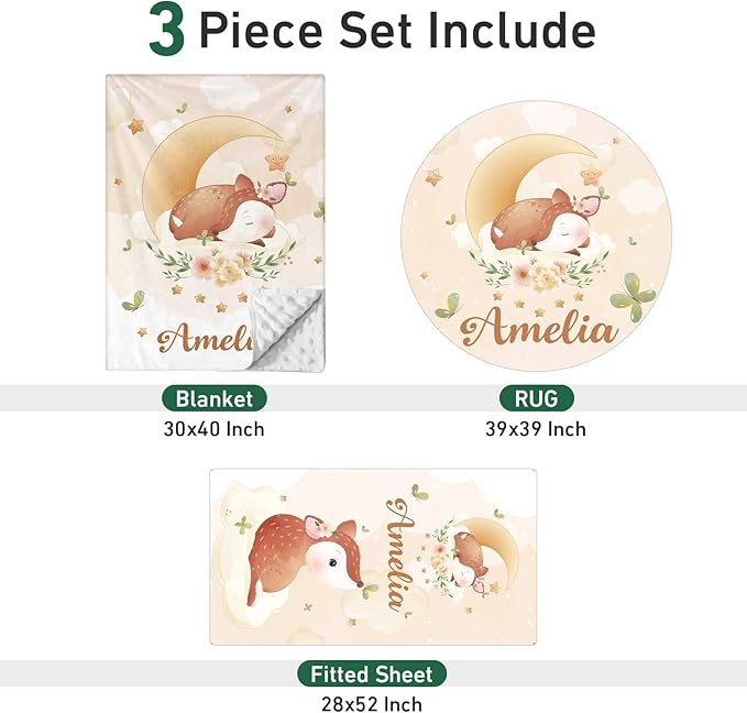 Personalized Baby Crib Bedding Set - Custom Name Fox Pattern 3 Pcs Set - Soft Blanket with Double Layer Dotted Backing, Fitted Sheet, Room Rug for Newborns Boys Girls Shower Gift