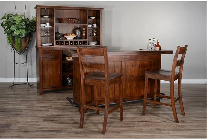 Pemberly Row Set of 3 Polished Brown Wood Bar Unit & 2 Swivel Barstool - Image 8
