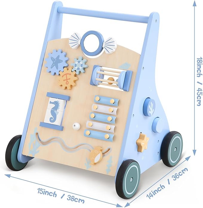 Beright Wooden Baby Walker Push and Pull Learning Activity Walker with Wheels Montessori Walker Toy Multiple Activities Center Develops Motor Skills & Stimulates Creativity (Blue)