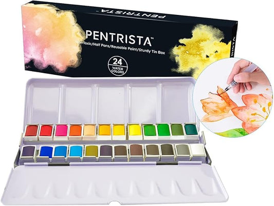 Watercolor Paint set, 24 Colors Premium Solid Watercolor Half Pans in Tin Box, 1 refillable Water Brush Pen, Art Pigment Kit Perfect for Artists Students Kids Beginners and Art Lovers
