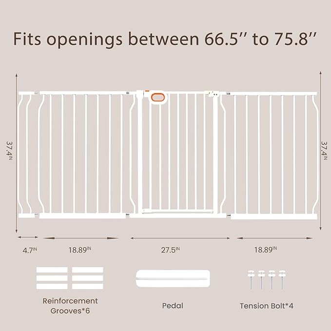 owlie 37.4" Extra Tall Wide Baby Gate for Stairs Doorways,66-75 Inch Extra Large Long Baby Gate with Door Indoor Safety Metal Pressure Mounted Pet Gate with Walk-Thru Auto Close, White