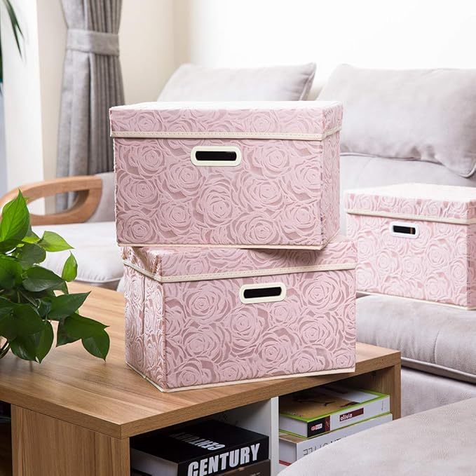 PRANDOM Collapsible Storage Boxes with Lids [5-Pack] Fabric Decorative Storage Bins Cubes Organizer Containers Baskets with Cover Handles Divider for Bedroom Closet Living Room Pink 14.9x9.8x9.8 Inch