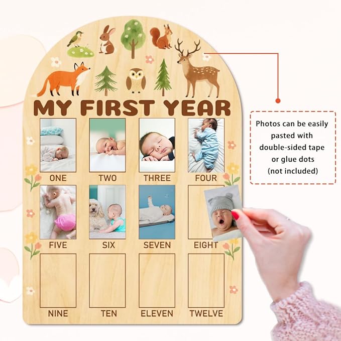 ORIGACH My First Year Baby Growth Photo Display Wood Board - 12 Months Newborn Milestones Photo Board - Neutral Baby Keepsake Board 1st Birthday Party Nursery Decor - Forest Animal & Flower