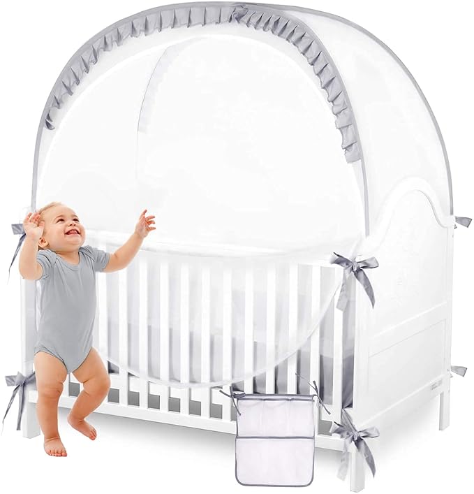 Baby Safety Crib Tent Infant Pop up Mosquito Net Nursery Bed Canopy Netting Cover - Keep Baby from Climbing Out with Hanging Diaper Storage Bag (Gray)