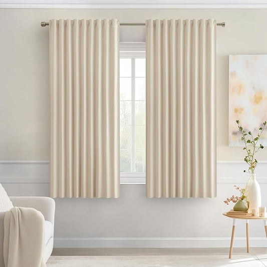 MIULEE Cream Beige Back Tab Light Blocking Curtains 54 Inches Long 2 Panels Set for Living Room Bedroom Privacy, Rod Pocket/Pinch Pleat Thermal Insulated Room Darkening Pleated Blackout Drapes