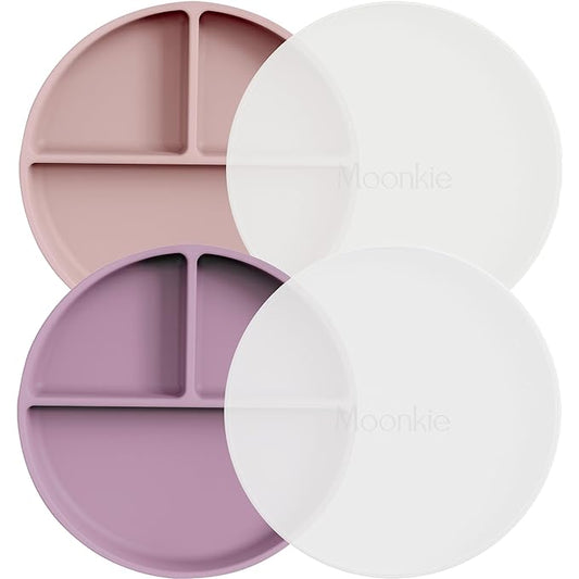 Moonkie Suction Plates for Baby | 100% Silicone BPA-Free Baby Plates with Lids and Food Cover | Divided Design | Microwave and Dishwasher Safe | Toddler Plates 2 Pack