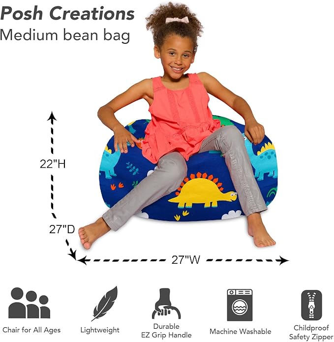Posh Creations Bean Bag Chair for Kids, Teens, and Adults Includes Removable and Machine Washable Cover, Canvas Dinos on Blue, 27in - Medium