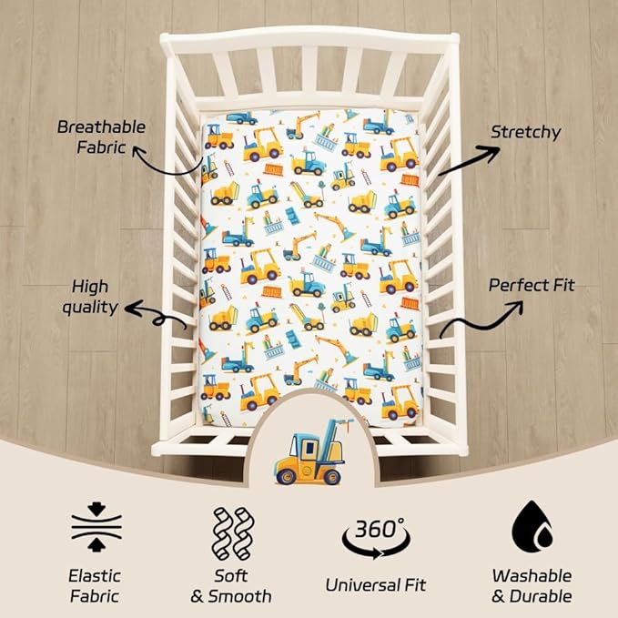 3 Piece Baby Boy Crib Bedding Set Construction Theme Baby Comforter Set for Crib Nursery Bed Set Decor with Fitted Crib Sheet, Comforter and Skirt for Boys Girls (Construction)