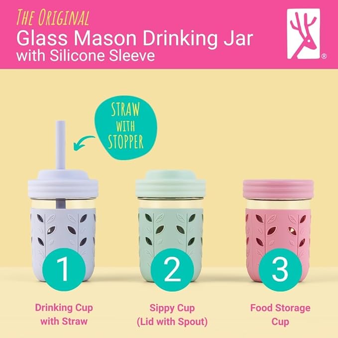 Elk and Friends Kids & Toddler Cups | The Original Glass Mason jars 8 oz with Silicone Sleeves & Silicone Straws with Stoppers | Smoothie Cups | Spill Proof Sippy Cups for Toddlers | 8 Pack