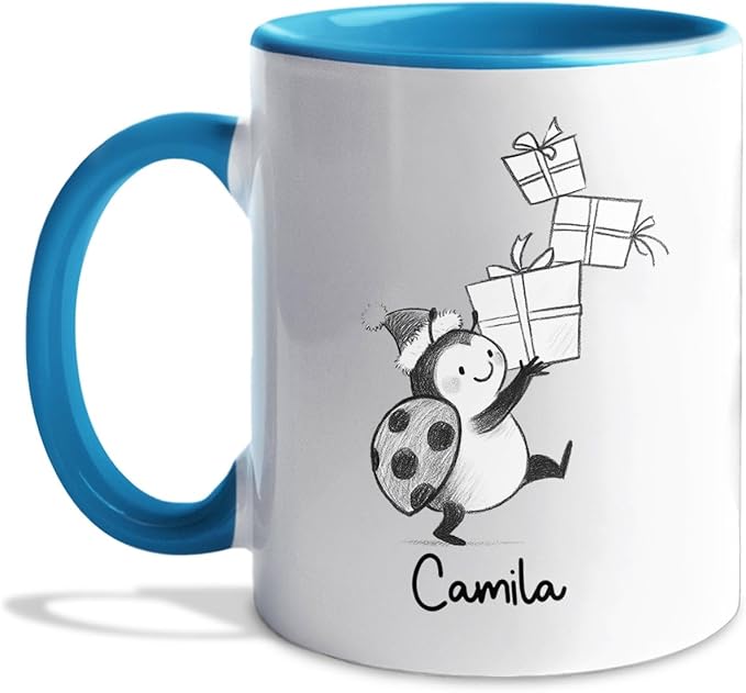 Ladybug Accent Ceramic Teacup, Personalized Ladybug Lover Coffee Mug Gift For Family Friends Besties Sibling, Cute Ladybugs Coffee Cup 11 15Oz, Customized Name Ladybugs White Coffee Cup For Birthday