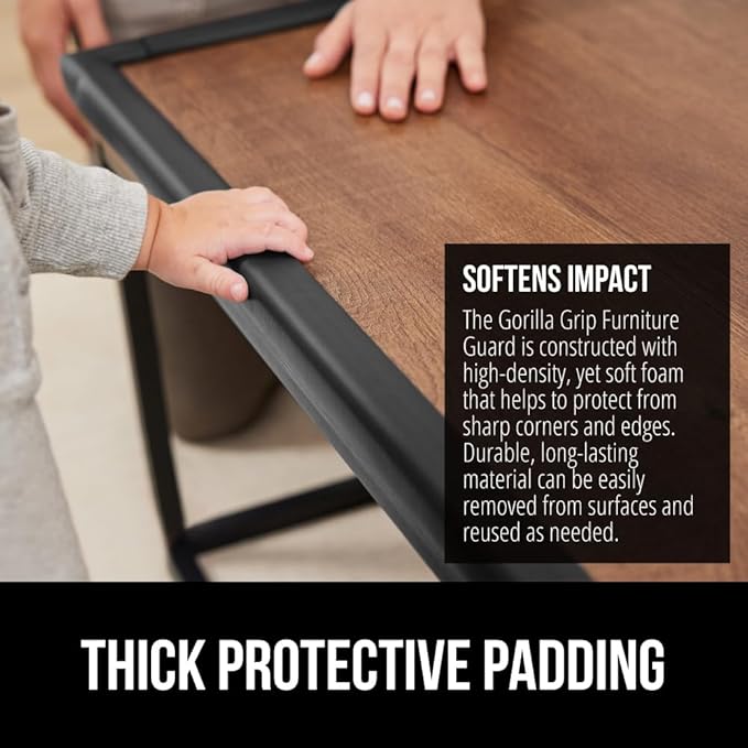 GORILLA GRIP Baby Proof Corners and Edges for Furniture, Kid Proofing Adhesive Table Corner Protectors, Heavy Duty Soft Rubber Foam Protection, Includes 8 Protective Safety Guards, 18 Feet, Black