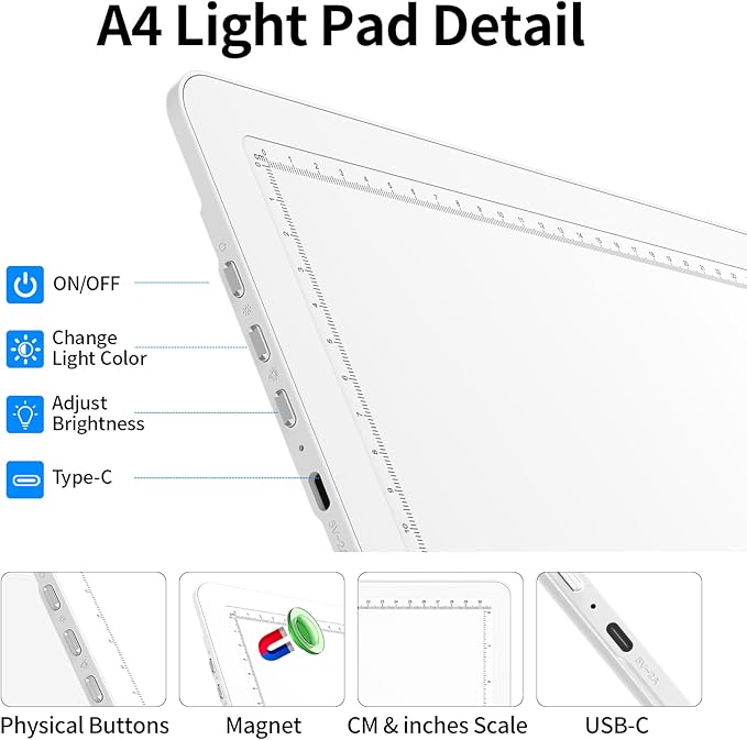 TOHETO Rechargeable A4 Light Board with Stand, Bag, Super Bright Magnetic Light Pad with Side Buttons, Wireless Light Box for Tracing and Drawing, Cordless Light Table for Diamond Painting, Sketching