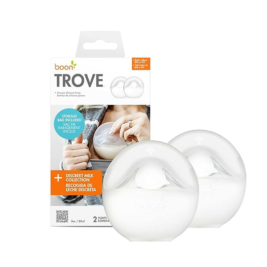 Boon Trove Silicone Manual Breast Pump Set - Hands Free Breast Milk Collector - Includes Polyester Travel Pouch - Breastfeeding Essentials - 2 Count