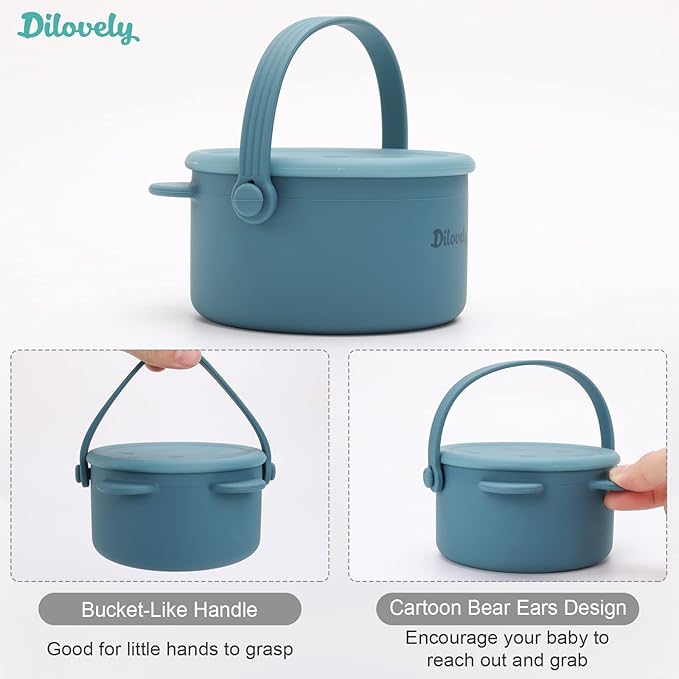 Snack Cups for Toddlers, Baby Snack Containers, Silicone Toddler Snack Cups No Spill, Food Catcher with Lid & Bucket-like Handle, BPA Free & Dishwasher Safe, 9 Ounce Colonial Blue