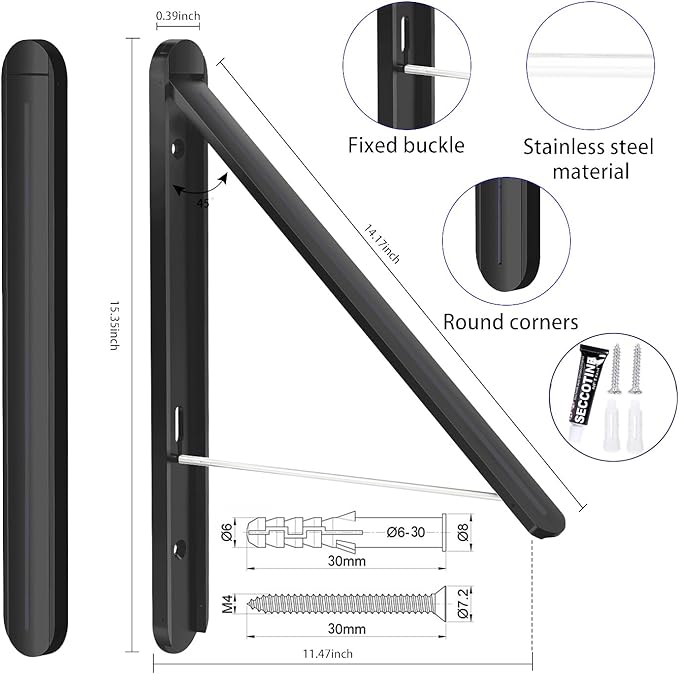 Wall Mounted Clothes Drying Rack-Foldable Indoor Laundry Rack,Space Saving Collapsible Clothes for Bathroom, Dorm, Apartment, RV, Laundry Room Organization.(Black-Aluminum)