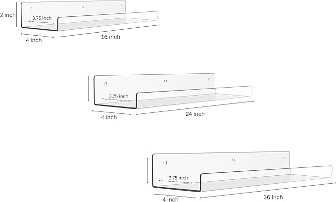 Rebecca Luxurious Acrylic Floating Shelves for Wall - 2 Pack of 24" x 2" x 4" - 5mm Thick Clear Book Shelf for Bathroom, Bedroom, Nursery, Kids Room with Easy Installation Hardware – Cute Bookshelf