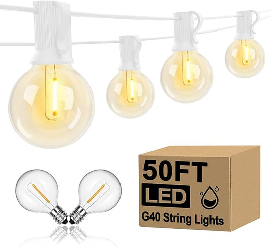 Goothy 50Ft Outdoor LED String Lights with 52 Shatterproof G40 LED Clear Globe Bulbs, Edison Vintage Bulbs E12 Base Hanging Sockets, Decorative Lighting for Café Patio Porch Party Yard Christmas-White
