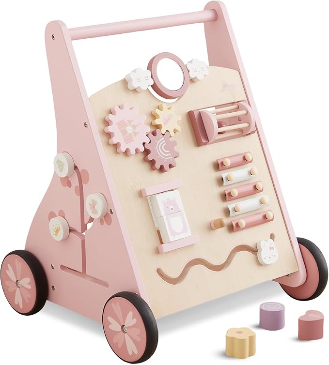 Beright Wooden Baby Walker Push and Pull Learning Activity Walker Kids’ Activity Toy Multiple Activities Center Develops Motor Skills & Stimulates Creativity(Pink)