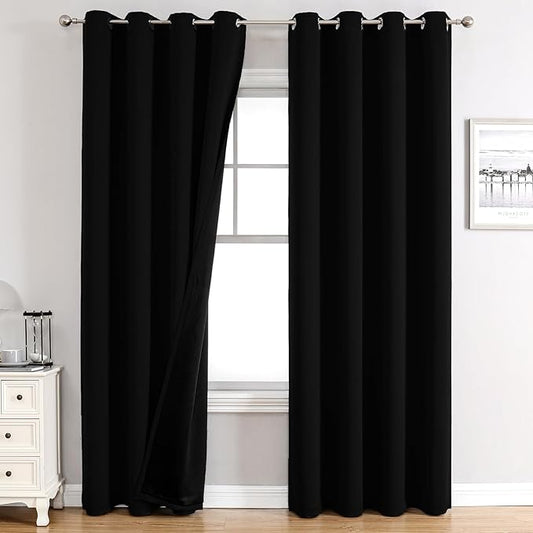 ChrisDowa 100% Blackout Curtains 102 inch Long for Bedroom with Black Liner, 2 Thick Layers Total Blackout Thermal Insulated Grommet Window Curtains 2 Panels Set (Black, 52 x 102 Inch)