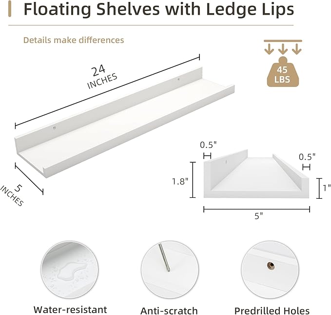 Picture Ledge Shelf, Wood Floating Shelves Set of 4, 24 inch Picture Ledge Shelves, Photo Ledge Nursery Book Shelves Wall Mounted for Living Room Kids' Room Bedroom, Color White