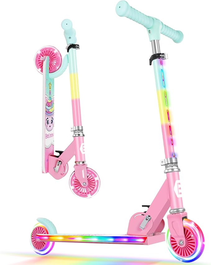 BELEEV V2 Scooters for Kids with Light-Up Wheels & Stem & Deck, 2 Wheel Folding Scooter for Girls Boys, 3 Adjustable Height, Non-Slip Pattern Deck, Lightweight Kick Scooter for Children Ages 3-12