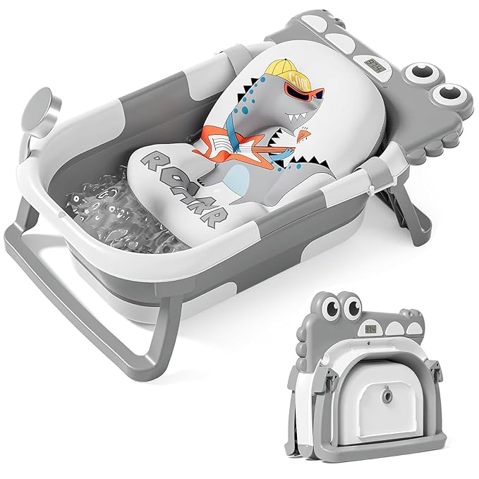 TPN Collapsible Baby Bathtub, Baby Bath Tub with Soft Cushion & Real-Time Thermometer, Baby Bathtub Infant to Toddler Tub (0-36 Months), Portable Newborn Travel Bath tub