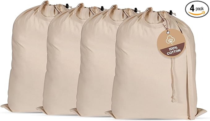 LFH Home Large Premium 100% Cotton Canvas Laundry Bag with Drawstring and Handles Heavy Duty, Multi-Use, and Washable for Home, Travel, College or Storage 20x30 (Pack of 4)-Natural