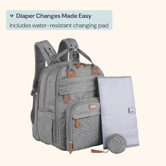 BabbleRoo Extra Large Diaper Bag Backpack, Expandable Baby Bag with Up to 50% More Capacity - Travel Essentials Baby Bag Tote with Changing Pad, Stroller Straps & Pacifier Case - Unisex, Light Gray