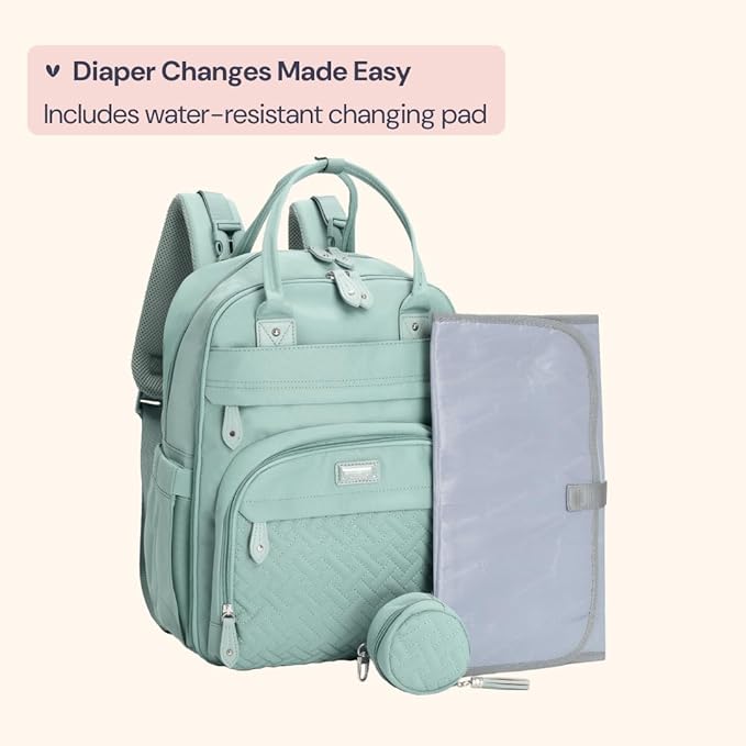BabbleRoo Diaper Bag Backpack - Baby Essentials Travel Bag - Multi Function Waterproof Diaper Bag, Travel Essentials Baby Bag with Changing Pad, Stroller Straps & Pacifier Case – Unisex, Sage Green